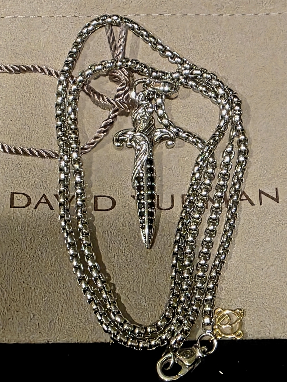 David Yurman Waves Dagger Amulet Pendant Necklace 925 Sterling&Black Diamond 20"